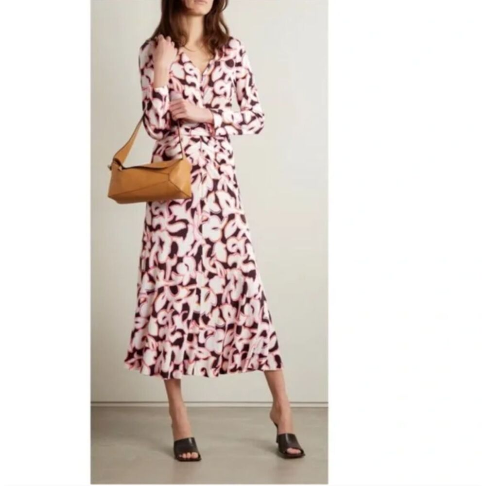 DVF Diane Von Furstenberg Timmy Long Dress in Cypress Cocoa Brown L Resort Retro